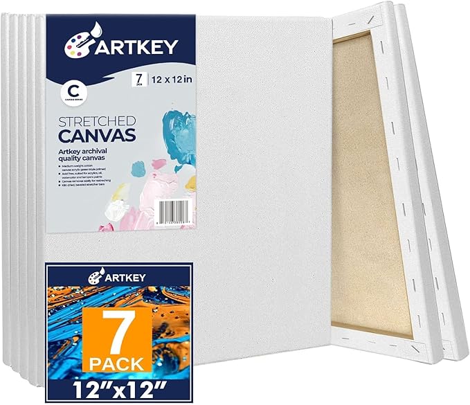 Stretched Canvases for Painting 12x12 Inch 7-Pack, 10 oz Triple Primed Acid-Free 100% Cotton Blank Canvas, Square Canvas for Oil Paint Acrylics Pouring & Wet Art Media, Pour Painting