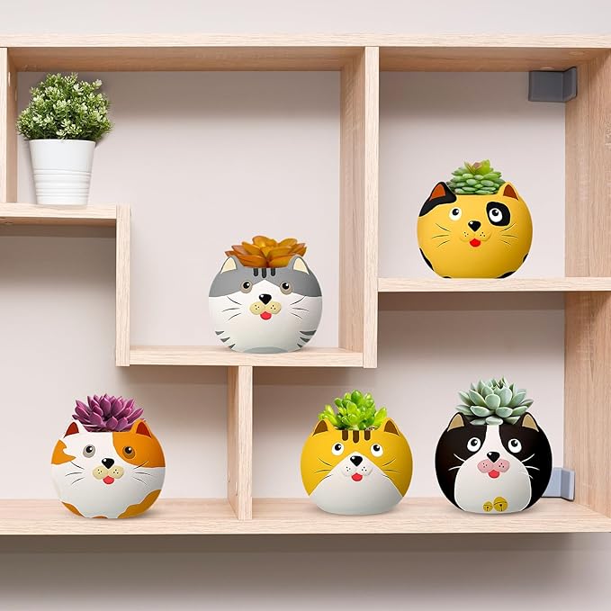 Pasimy 6 Set DIY Ceramic Succulent Planter Pots Paint Your Own Flower Pots Craft Kit Unpainted Bisque Paintable Flowerpot with Brush Palette Ready to Paint for Family Activity Gift(Cat)