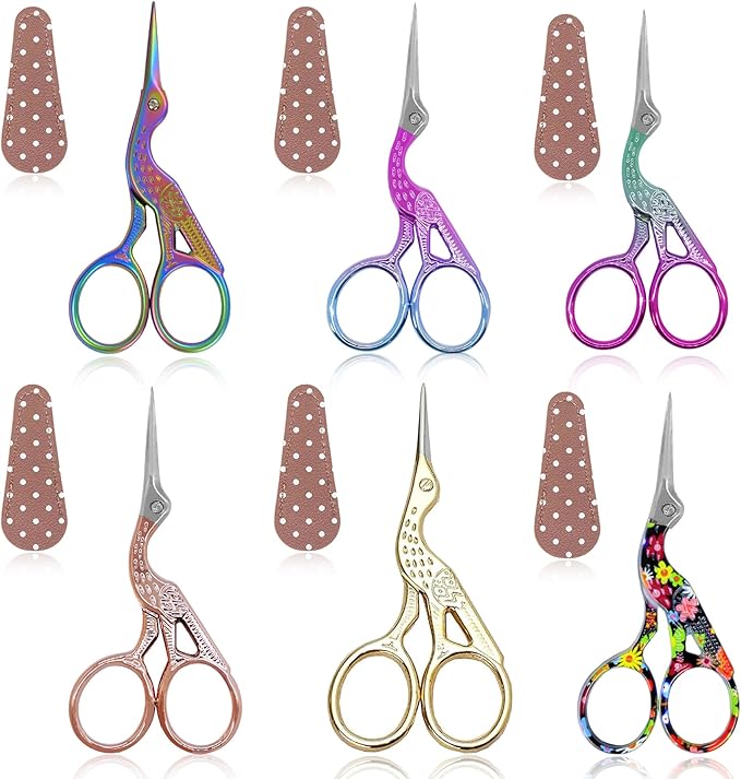 BIHRTC Little Scissors - 3.6inch Cross Stitch Scissors with Leather Cover and Stainless Steel Crane Design for Embroidery, Sewing, Crafting, Art Work, Needlework
