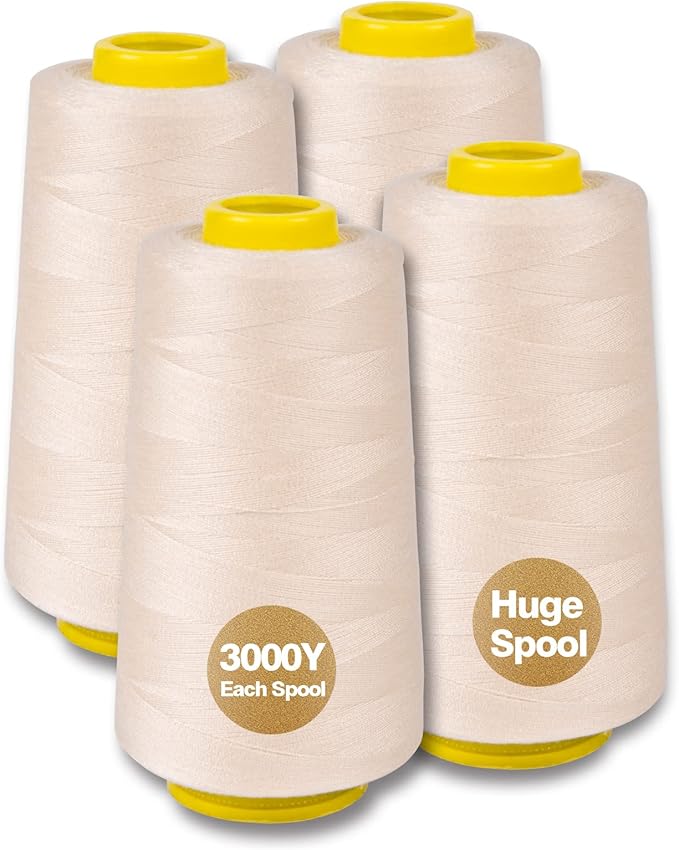 Ivory Serger Thread, All-Purpose Thread for Sewing, Polyester, 4 Cones of 3000 Yards Each Spool for Sewing Machine