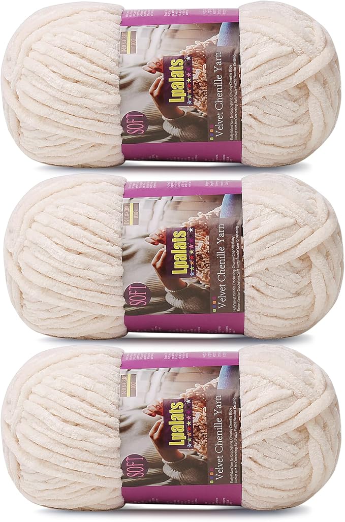 Chunky Chenille Yarn for Crocheting - 3x100g/3.5oz Baby Blanket Yarn for Crocheting Soft - 262 Yards Fluffy Thick Plush Yarns for Knitting Blankets Amigurumi (3, Khaki)