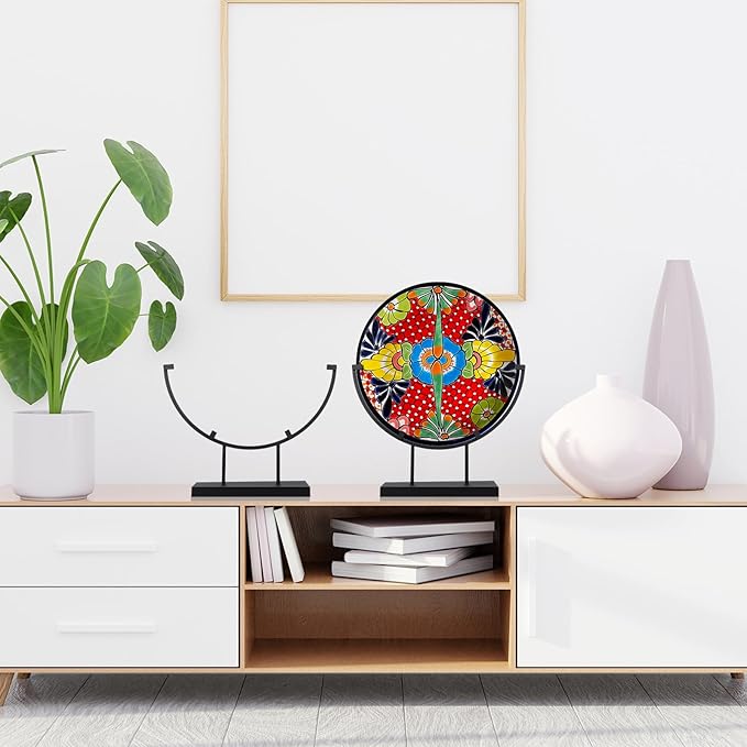 Blulu 4 PCS 8 Inch Round Metal Display Stands for Stained Glass Fused Glass Display Stands Decorative Art Base for Plate Picture Platter Photo(Black)