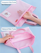Pendancy Mesh Zipper Pouch 11x13.7 in, Large Double Pocket Waterproof File Bag with Handle, A4 Size Foldable Document Storage for Puzzle Project/Cross Stitch/Travel/Office（Pink）