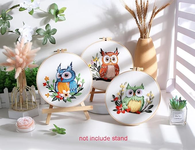Konrisa Owl Embroidery Kit for Beginners Adult, Embroidery Starter Kit with Cloth Hoops Threads DIY Sewing for Craft Lover Hand Stitch Needlepoint Kits