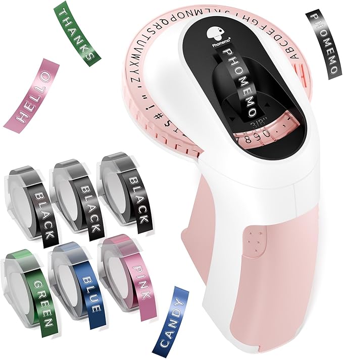 Phomemo Embossing Label Maker Machine, Retro Embossed Label Maker, Old School Embosser Labeler with 6 Rolls 3D Embossing Label Waterproof for Kid DIY Home School and Scrapbook Supplies Office, Pink