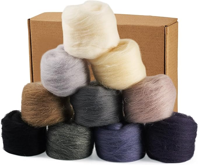 FASHEWELRY 1.76 OZ Needle Felting Wool Roving Black White Gray Nature Wool Roving Yarn DIY Handmade Spinning Felt Kit for Felted Animal Needle Felting Supplies