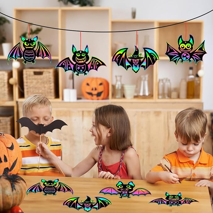 JULMELON 36Pcs Halloween Crafts, Rainbow Magic Halloween Scratch Art Paper Cute Bat Crafts School Classroom Activities Party Favors DIY Gifts