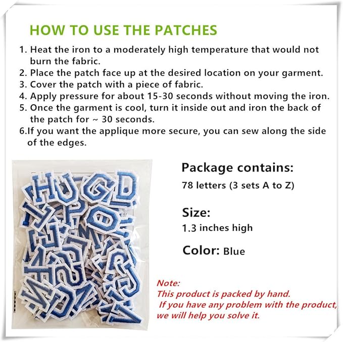1.3 inch Iron on Letter Patches 78 Pieces, A-Z Embroidered Alphabet Patches for Clothing Jackets Hats Backpacks Jeans Blue