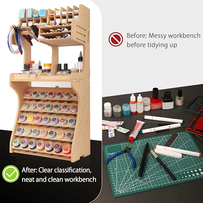 Bucasso Plastic Model Paint Rack Model Tool Organizer MDF Material Paint Rack Scissors/Tweezers/Paint Storage All-in-One Model Workbench Assembly Plastic Model Building Storage GK SY