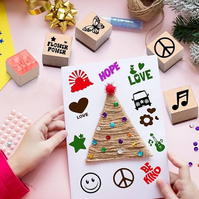 18 Pcs Peace and Love Wood Stamps Set Wooden Rubber Holiday Stamps for Card Making Decoration and Scrapbooking Supplies