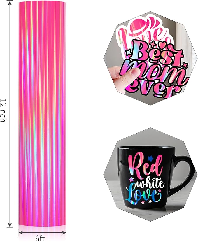 GIRAFVINYL Hot Pink Holographic Vinyl - 12" x 6ft Pink Holographic Permanent Vinyl Roll for DIY Home and Car Decorations, Waterproof