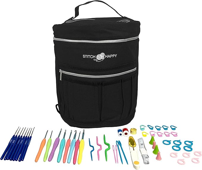 Designer Stitch Happy Crocheting Kit: 52 Piece Crochet Kit for Beginners & 7 Pocket Yarn Bag, Signature Yarn Storage - Black