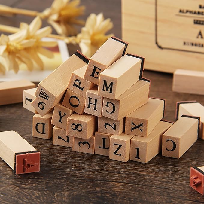 36Pcs Wooden Rubber Stamps Number Letter Alphabet Stamps Mini Cute DIY Stamps Set for Craft Decorating Scrapbooking and Wedding Invitation Cards (36pcs A)