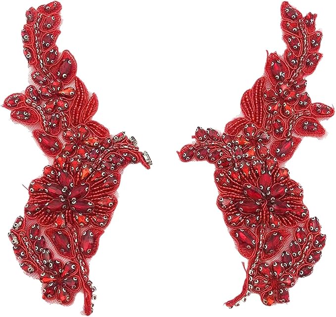 1 Pair Handmade Flower Rhinestone Applique for Clothes, Crystal Fabric Patches for Wedding Dress, Bling Beaded Embroidery Lace Applique for Hat Hairband Sewing Embellishment (Red)