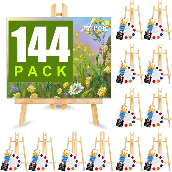 144 PCS Professional Painting Set, 12 PCS Wood Easels,12 Packs of 120 Brushes with Nylon Brush Head and 12 PCS Palettes, Painting Supplies kit for Kids & Adults Party.