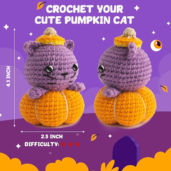 POP COCHE Halloween Crochet Kit for Beginners, Crochet Starter Kits for Adults, Amigurumi Craft Knitting Crochet Animal Kit with Step-by-Step Video Tutorials, Pumpkin Cat (40%+ Yarn)