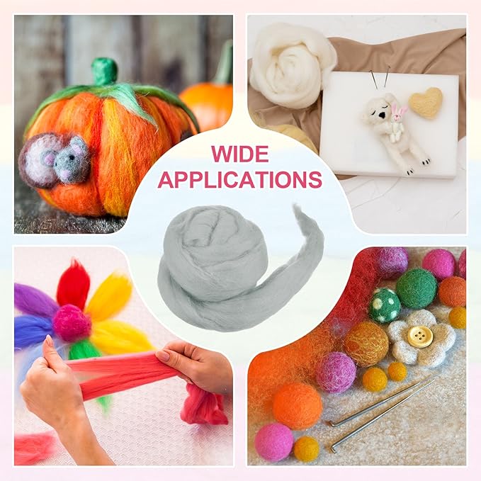 MECCANIXITY Wool Roving Yarn Soft Felting Wool 50g/1.76oz Pure Chunky Roving Yarn for Needle Felting Knitting Blanket Spinning Weaving Art DIY Craft Light Gray