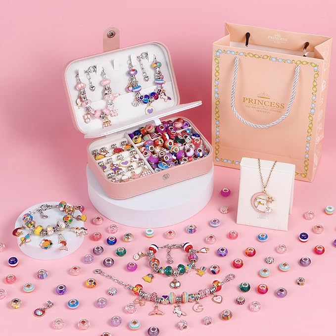 YJK Charm Bracelet Making Kit, 5-12 Year Old Girl Birthday Gifts, 133 Pcs DIY Beaded Jewelry Making Kit with Jewelry Box, Creative Crafts for Girls, Charm Necklace Making kit for Girls (Purple & Pink)