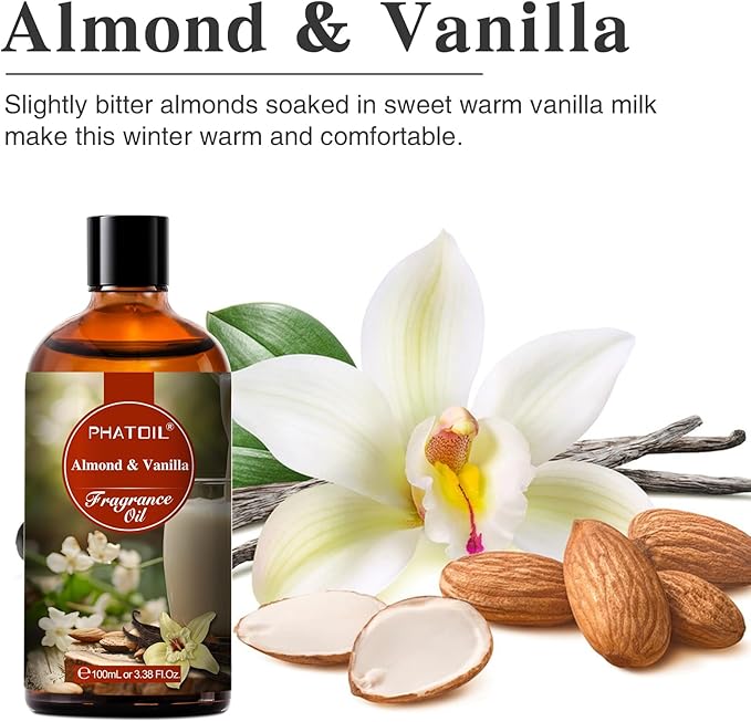 PHATOIL Almond & Vanilla Fragrance Oils for Aromatherapy, 3.38FL.OZ Diffuser Oils for Home, Perfect for Aromatherapy, Humidifiers, Yoga, DIY Candle and Soap Making - 100ml