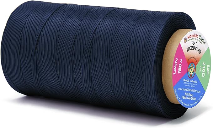 Mandala Crafts Navy Blue Flat Waxed Thread for Leather Sewing - 197 Yds 210D 1mm Polyester Leather Thread String Waxed Cord for Leatherwork, Beading, Bookbinding, Hand Stitching
