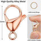 Mandala Crafts 12mm Rose Gold Color Metal Lobster Clasps for Jewelry Making - 100 Lobster Claw Clasps with Jump Rings Jewelry Findings Kit for Necklaces Bracelets Charms Fasteners