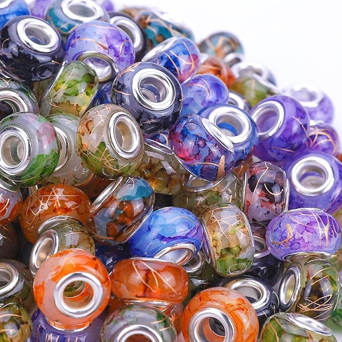 100 Pieces 14mm European Large Hole Spacer Beads Mix Color with Silver Brass Cores Assortments Charm Lampwork Beads Supplies for Necklace Bracelets Jewelry Making (Golden Wire Water Pattern)