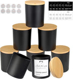 CONNOO 8 Pack 14 OZ Empty Black Glass Candle Jars for Making Candles with Bamboo Lids and Sticky Labels, Bulk Candle Jars for Making Candles - Spice, Powder Containers.