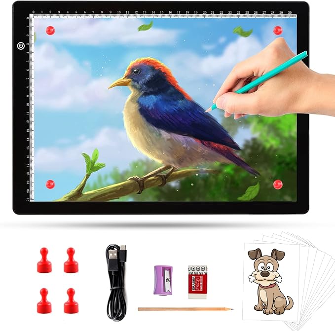 A4 Ultra-thin Portable LED Light Box Tracer with 4 Magnets, Type C USB Power Cable Stepless Dimmable Brightness Tracing Light Pad for Weeding Vinyl Tattoo Drawing X-ray Viewing Diamond Painting