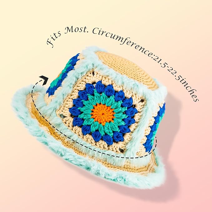 Noocro Crochet Kit for Beginners or Intermediate Level, Fuzzy Granny Square Bucket Hat, Step by Step Video Tutorial, Detailed Instruction Complete Kit Craft Supplies Holiday Gift (Ocean Blue)