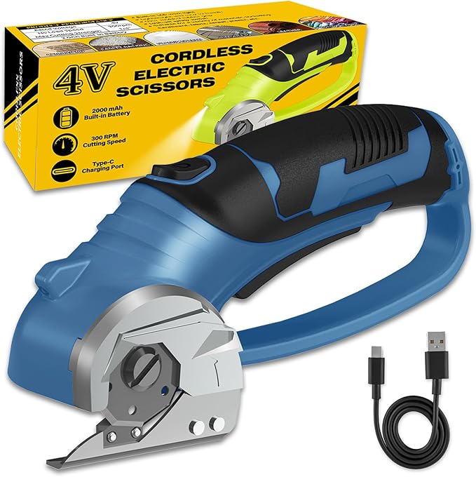 Cordless Electric Scissors, 4V Box Cutter & Cardboard Cutter with Upgrade Blade, LED Light, Safety Lock - Rechargeable Rotary Cutter for Fabric, Leather, Plastic, Sewing, Industrial (Steel Blue)