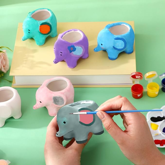 Pasimy 6 Set DIY Ceramic Succulent Planter Pots Paint Your Own Flower Pots Craft Kit Unpainted Bisque Paintable Flowerpot with Brush Palette Ready to Paint for Family Activity Gift(Elephant)