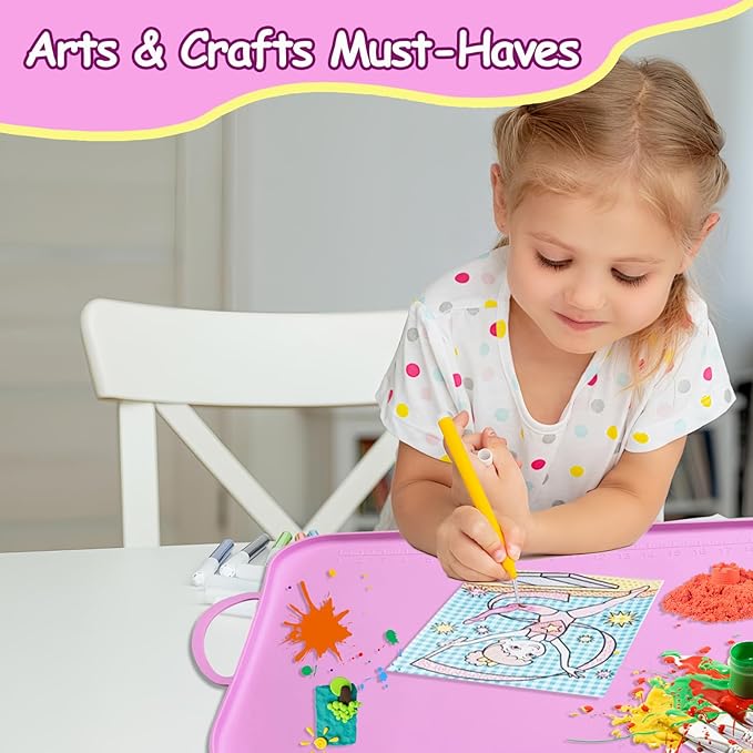 Silicone Craft Station Mat for Kids, Large Silicone Art Mat With Handle, Raised Edges for Painting, Jewelry-Making & Crafts - 26x16in, Pink