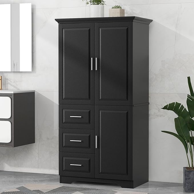 Large Storage Cabinet with 3 Doors and 3 Drawers, Freestanding Cabinet with Adjustable Shelves, Large Modern Versatile Cupboard for Home Office Livingroom (Black)