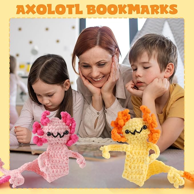 CrochetBox Crochet Kit for Beginner, Axolotls Bookmarks Easy Learn How to Crochet Stuffed Animals Gift for Adults and Teen(), Knitting Set with Yarn Hook Stitch-by-Stitch Video Tutorial(30%+ Yarn)