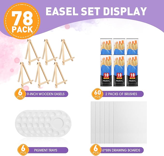 AROIC Canvas and Easel Set,Art Painting Set with 78 Pack (6 PCS 9" Wood Easels, 60 Brushes, 6 Canvas Boards and 6 Palette) Painting Supplies kit for Kids & Adults to Painting Party