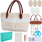 ORIGACH DIY Crochet Handbag Kit for Beginners, Beige Striped Crochet Bag with PU Leather Band and Base, Include Yarn, Crochet Hooks, Markers and Instruction