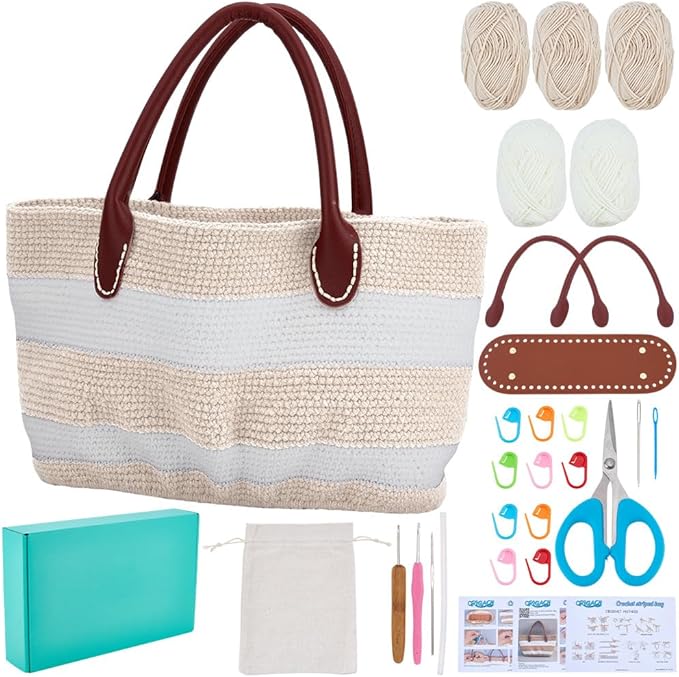 ORIGACH DIY Crochet Handbag Kit for Beginners, Beige Striped Crochet Bag with PU Leather Band and Base, Include Yarn, Crochet Hooks, Markers and Instruction