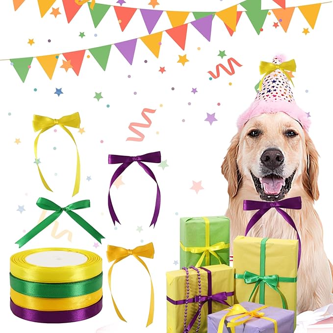 DECYOOL Mardi Gras Satin Ribbons, 4 Rolls 100 Yards Each - 10mm Wide Green, Purple, Yellow - Craft Ribbons for Gift Wrapping & Carnival Decoration