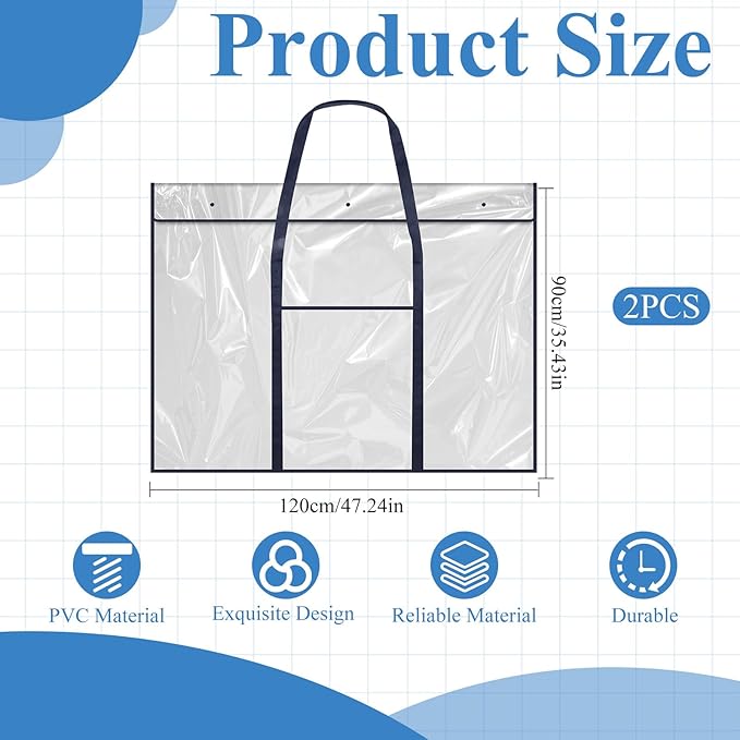 2 Pack Large Poster Storage Bag 48" x 36" Bulletin Board Holder, Art PVC Folder with Pocket, PVC Art Portfolio Container for Teacher Paper Teen(Black&Blue)