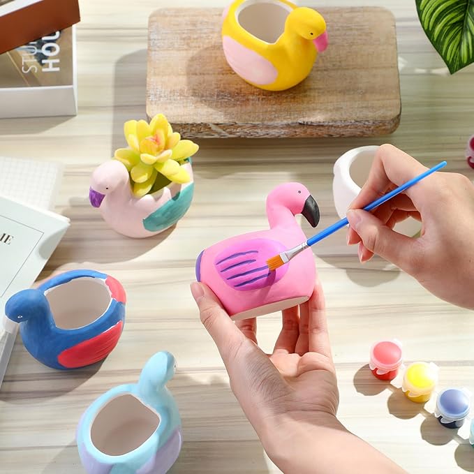 Pasimy 6 Set DIY Ceramic Succulent Planter Pots Paint Your Own Flower Pots Craft Kit Unpainted Bisque Paintable Flowerpot with Brush Palette Ready to Paint for Family Activity Gift (Flamingo)