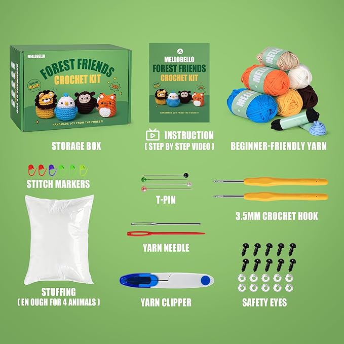 Crochet Kit for Beginners - Crochet Kits Knitting & Crochet Animals Beginner Crochet Kit for Adults Kids Amigurumi Crocheting Kit with Step-by-Step Tutorials Gift for Girl Women Kid - Forest Friends