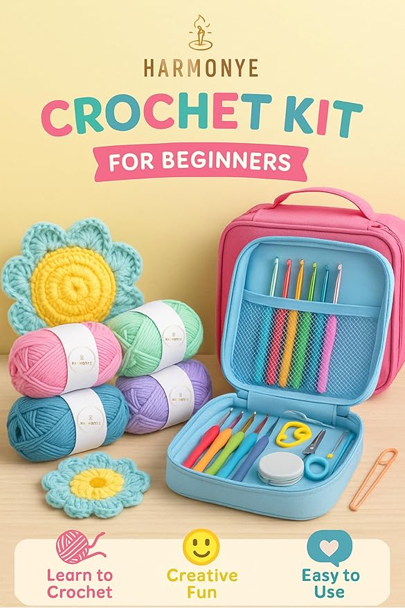 Crochet Kit for Beginners – Crochet Starter Set with Yarn, Hooks, Stitch Markers and Accessories, Learn to Crochet Kit for Adults, Kids, Beginners