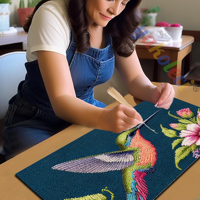 Latch Hook Kits for Adults, Pre-Printed Handmade Rug Crochet Yarns DIY Door Mat Kits for Home Decor Festival Gift 23.6"X15.8" (Hummingbird)