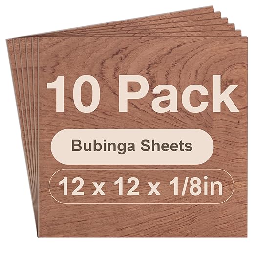 10 Pack Bubinga Plywood, 12 x 12 x 1/8 Inch 3mm Plywood for Laser Cutting and Engraving, Thin Unfinished Wood Sheets Blanks for Architectural Models and DIY Wood Crafts