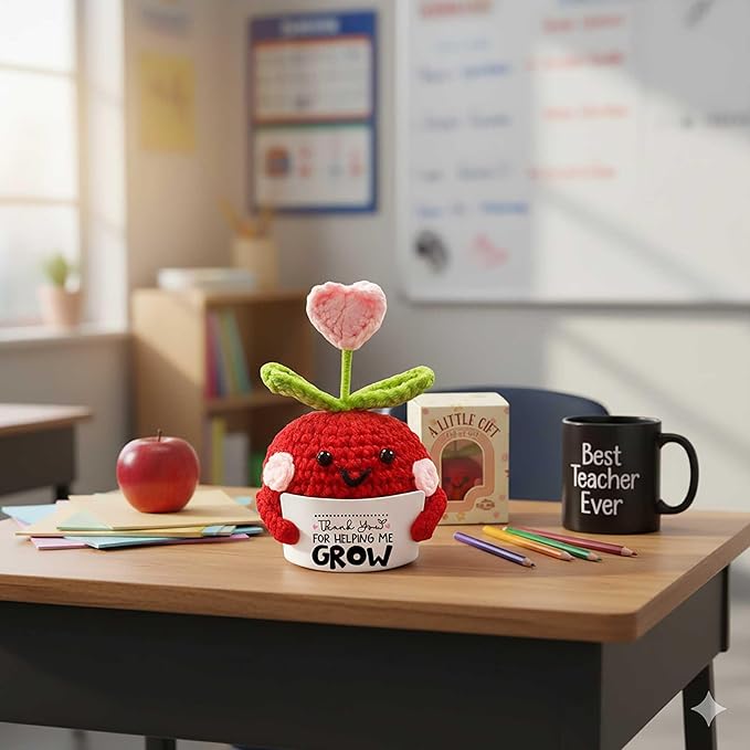 Teacher Gifts for Women – Decorative Handmade Mini Crochet Apple with Message Card – Teacher Appreciation, Christmas, Birthday, Graduation, Thank You, End of School Gifts from Students (Style 2)