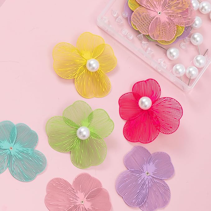 COLIGREE 6 Pairs Colorful Flower Pearl Stud Earring Set Hollow Floral Filigree Earring Making Kit for DIY Earrings Necklaces Rings Hair Jewelries