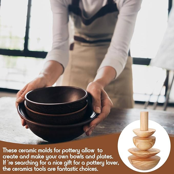 4 Pack Pottery Molds Plaster Molds Wood Pottery Tools with Handle for Ceramic Top Forms DIY Bowls Plate Dish Slump Press Art Making (Hemispherical,4.5'' 6.5'' Thickness 2.5'')
