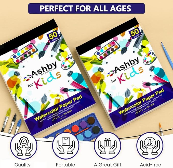 100 Sheets - Watercolor Paper Pads (9"x12") - Premium Thick Pages (220 GSM) - Also Great for Drawing, Finger Painting & Sketching; Easy Tear Design - Natural White; Water Color Paper/Watercolor Pads