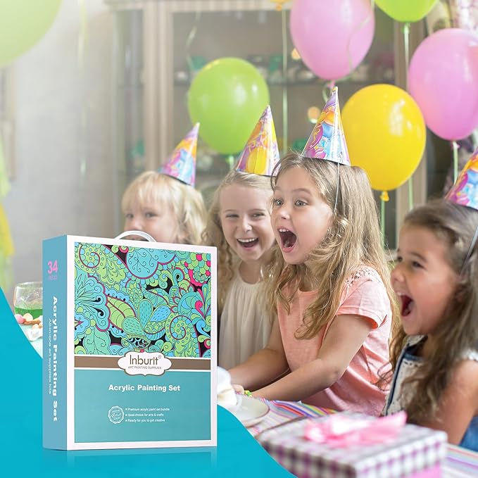 Inburit Art Paint Set for Kids, Painting Supplies Kit with 5 Canvas Panels, 8 Brushes, 18 Acrylic Paints, Multi-Function Table Easel, Etc, Premium Acrylic Paint Set for Students, Kids and Beginner.