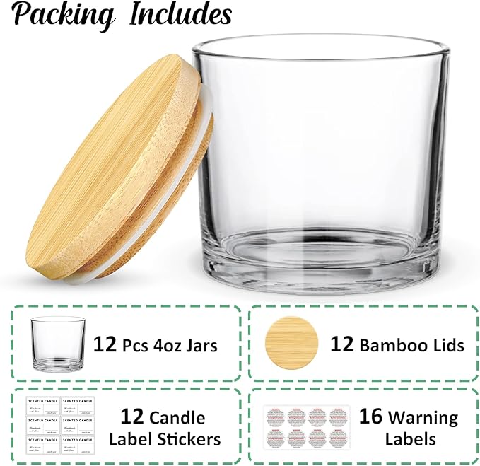 4oz Candle Jars 12 Pack- Small Clear Empty Glass Jars with Bamboo Lids, Stickers and labels, Bulk Glass Jar for Making Candles Containers, Ideal for Candle Business Owners